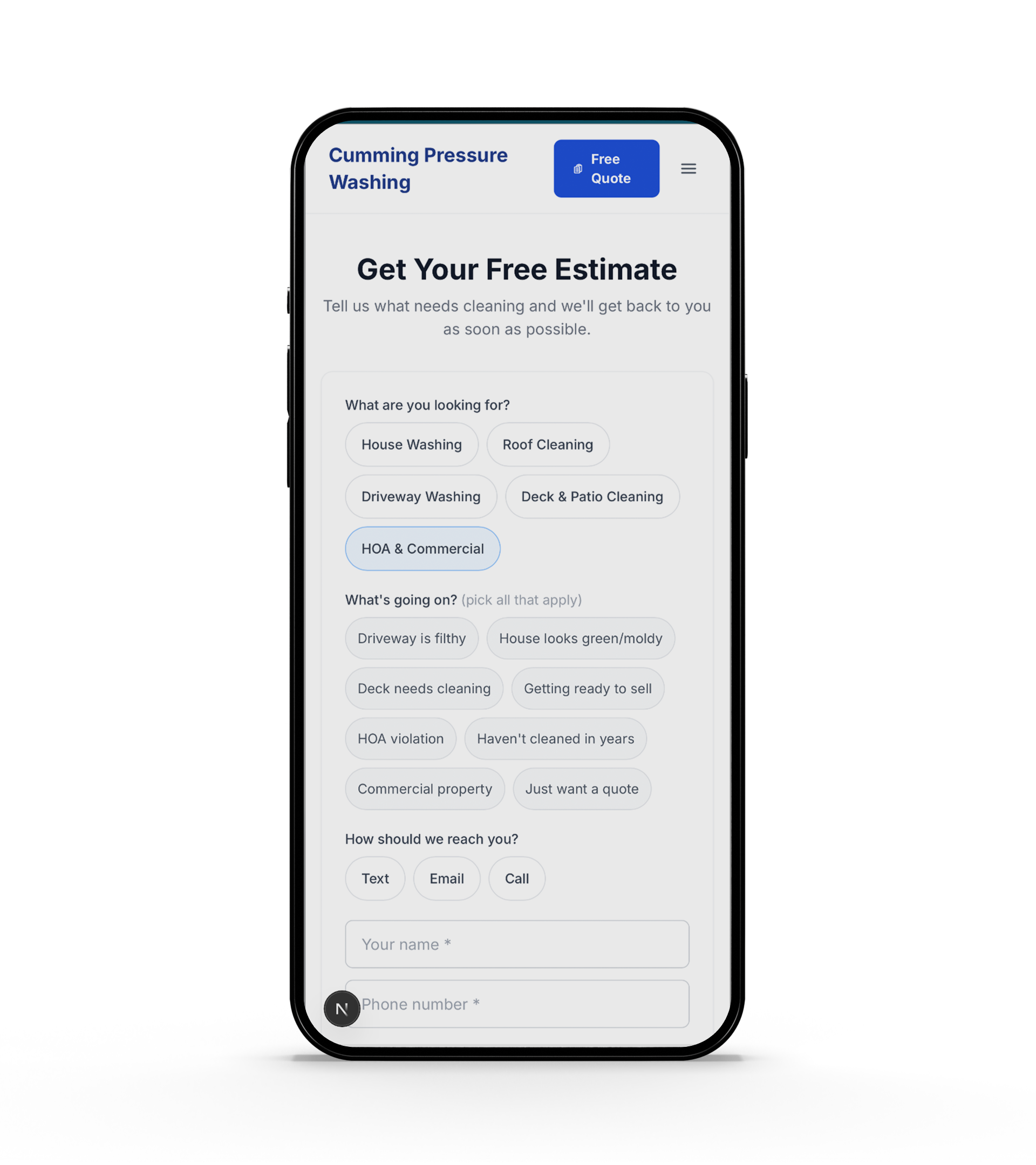 Interactive quote form with tag picker — mobile